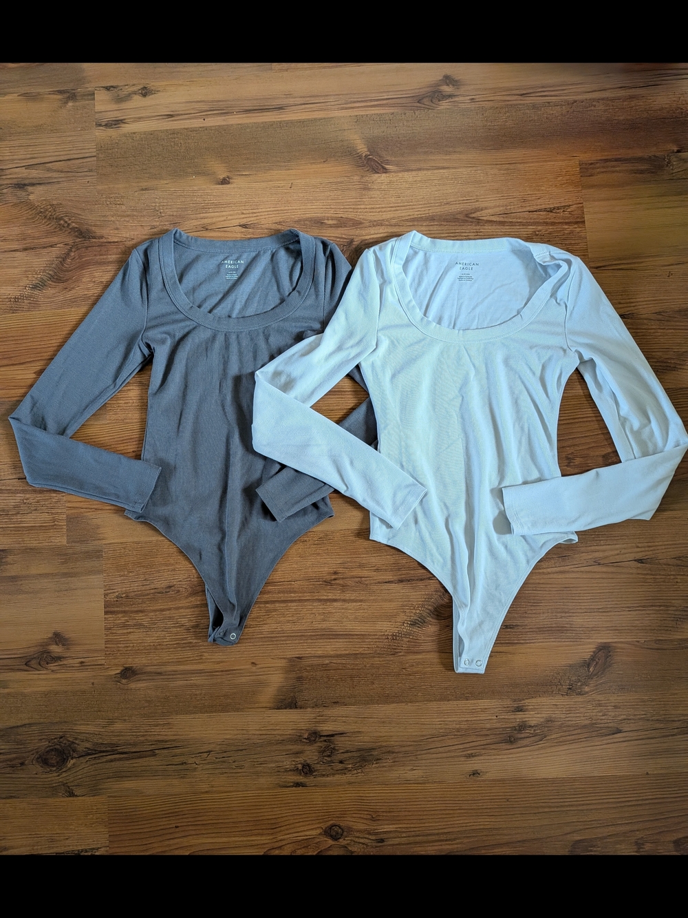 American Eagle Outfitters Long Sleeve Scoop Neck Bodysuits — White & Gray